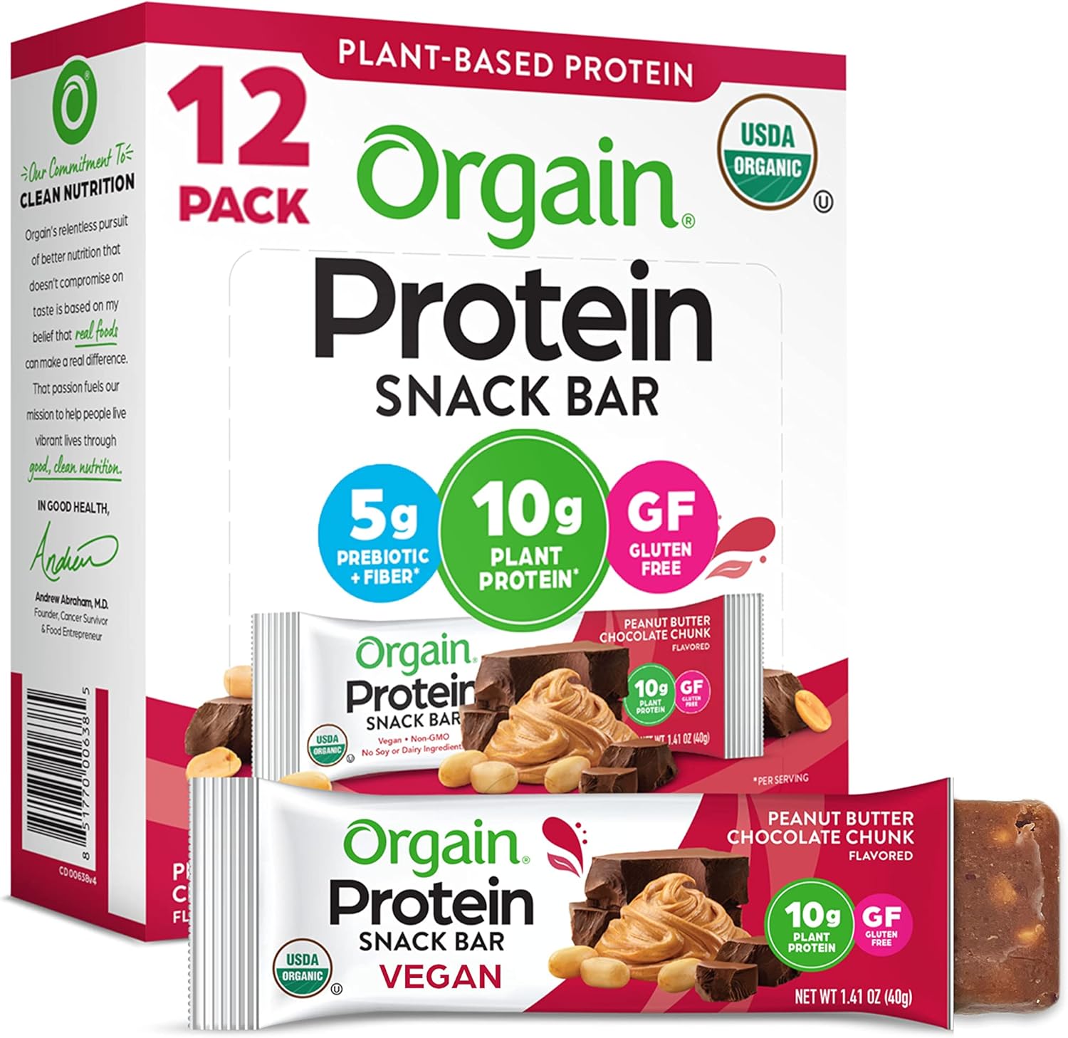 Orgain Organic Vegan Protein Bars Peanut Butter Chocolate Chunk